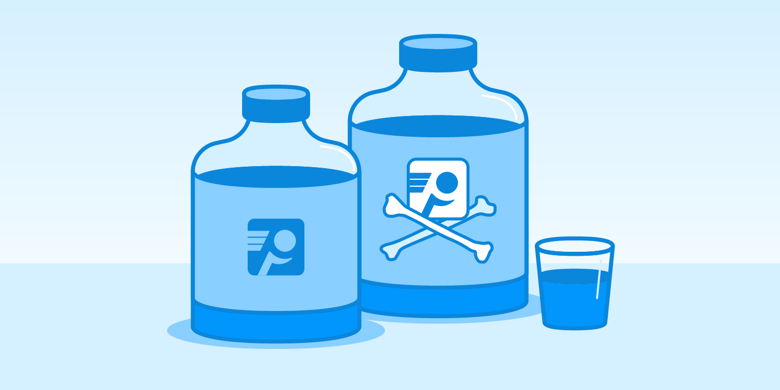 An illustration of two similar-looking bottles full of liquid. One bottle is labeled with the PingPlotter logo; the other with the PingPlotter logo and crossed bones. A small, half-full glass sits beside them.