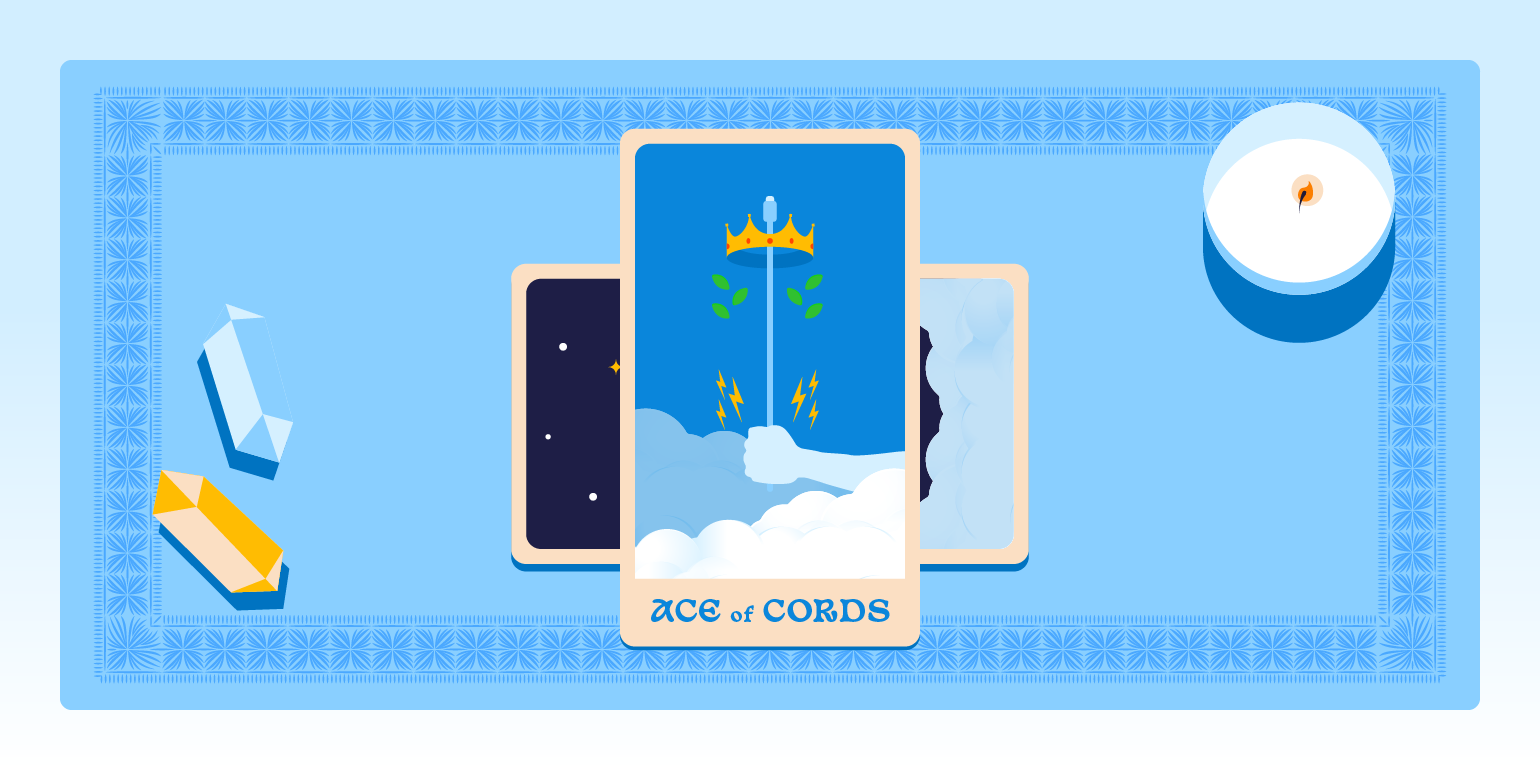 A tarot card depicting an Ethernet cable, the Ace of Cords, portends a prosperous future for your network