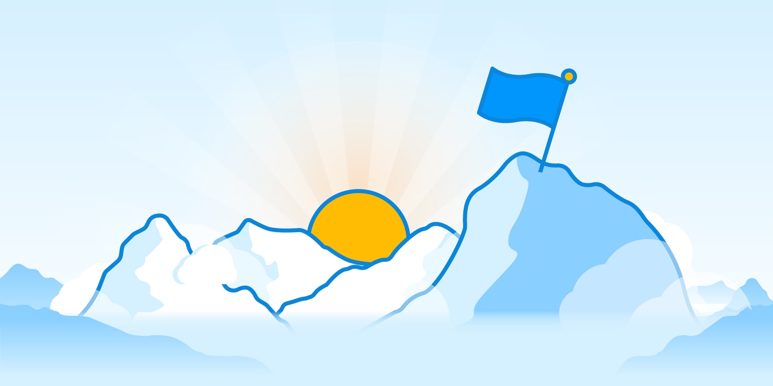 An illustration of the sun rising, framed by a mountain range. A flag is planted in the tallest peak.