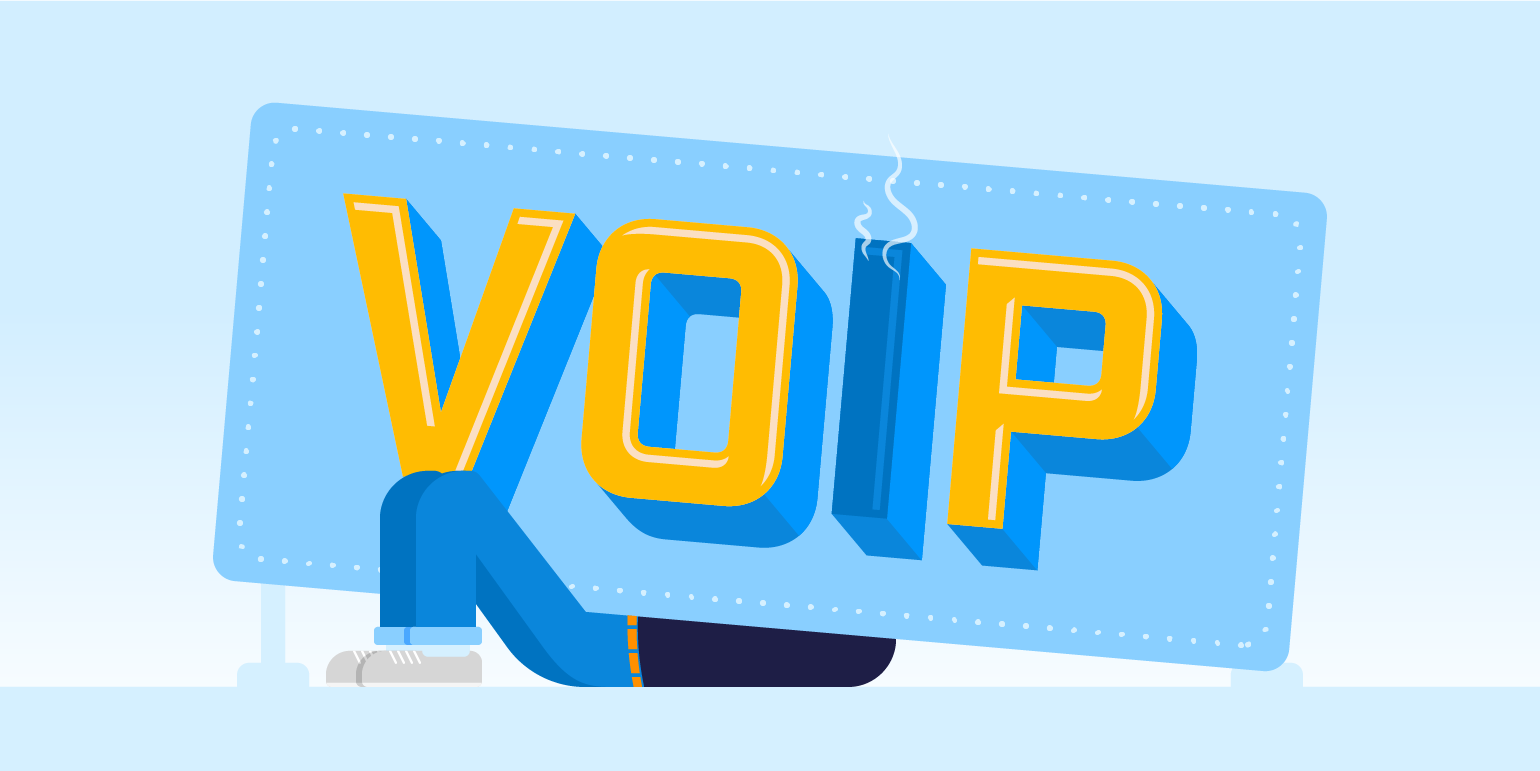 A person is working underneath a giant sign that says "voip" to ensure it is working