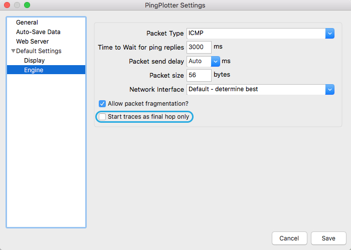 The PingPlotter settings menu