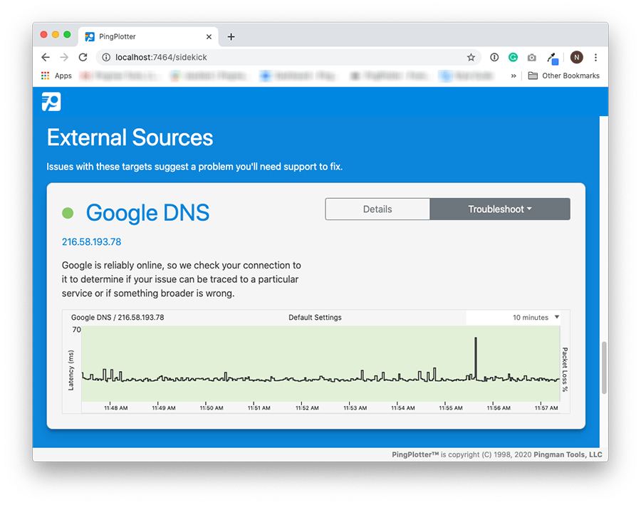 A browser window depicting a user's connection to Google's DNS servers via PingPlotter Sidekick