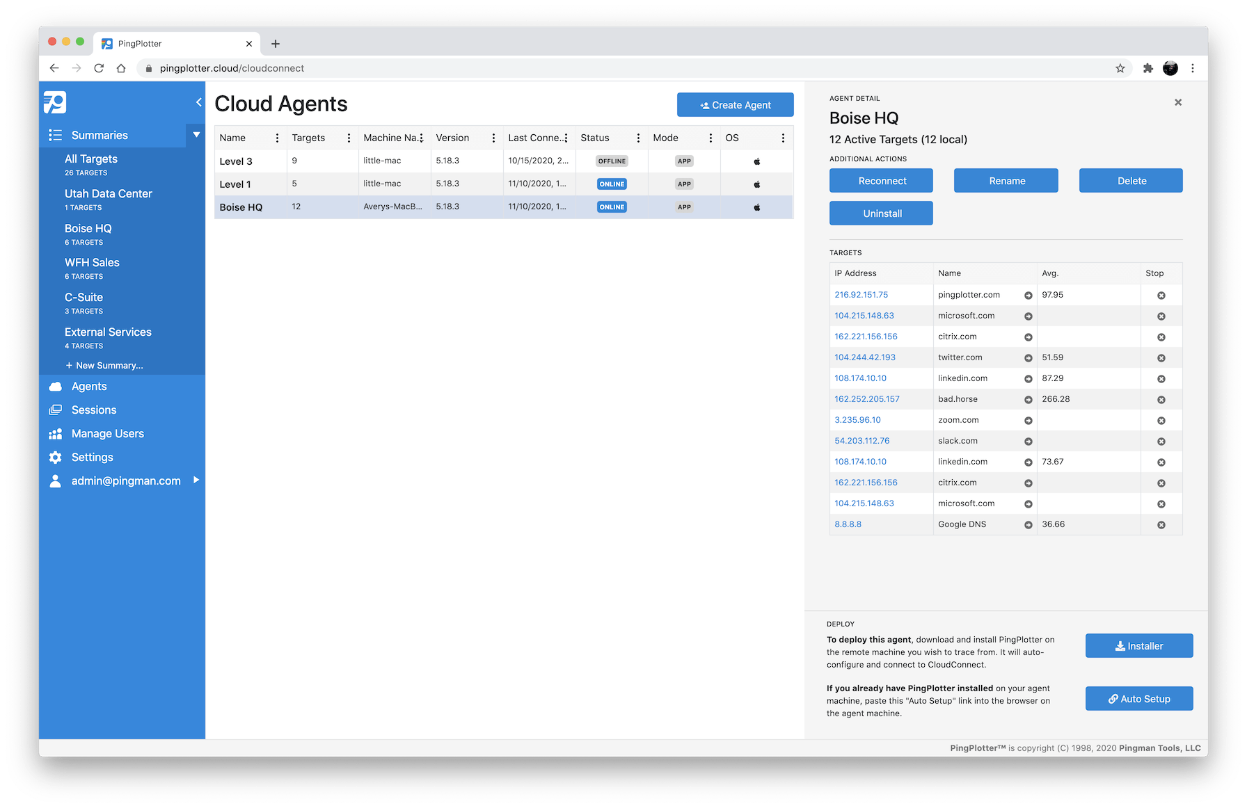 A screenshot of the PingPlotter Cloud interface, complete with graphs and charts and a very blue sidebar